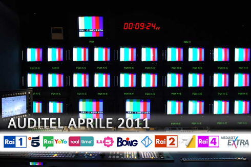 AUDITEL APRILE 2011: RAI1 PRIMA RETE AL 19% (PT E 24ORE). IN PRIME TIME CANALE 5 DI NUOVO SOTTO IL 18% MENTRE RAI2 SFIORA L’11%. BUONA CRESCITA PER LA7, RAI4 E IRIS