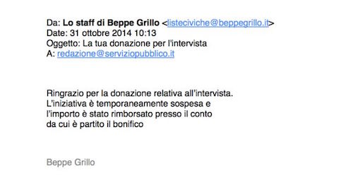 BEPPE GRILLO: NO ALL’INTERVISTA A SERVIZIO PUBBLICO E RESTITUISCE I 2000 EURO PER GENOVA PERCHE’ L’ “INIZIATIVA E’ SOSPESA”
