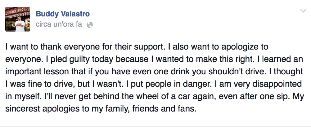 Scuse di Buddy Valastro dopo l'arresto