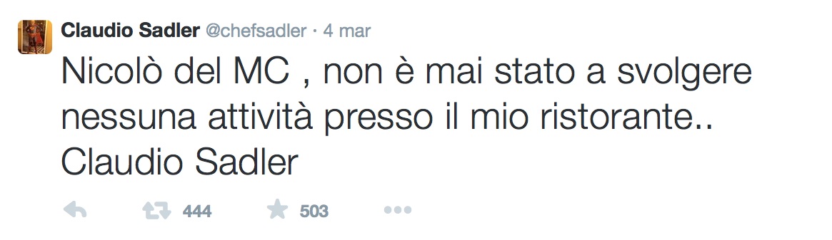 Sadler - smentita Nicolò - twitter Sadler - smentita Nicolò - twitter