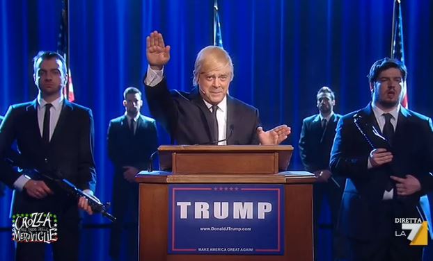CROZZA IMITA DONALD TRUMP. SPUNTA UNA BANDIERA NAZISTA, LA GAG FINISCE MALE