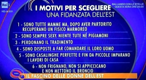 (S)Parliamone sabato: è bufera per “i moviti per scegliere una fidanzata dell’est”. Fabio Testi: “si prendono la responsabilità dell’orgasmo del proprio uomo”. Le scuse della Rai