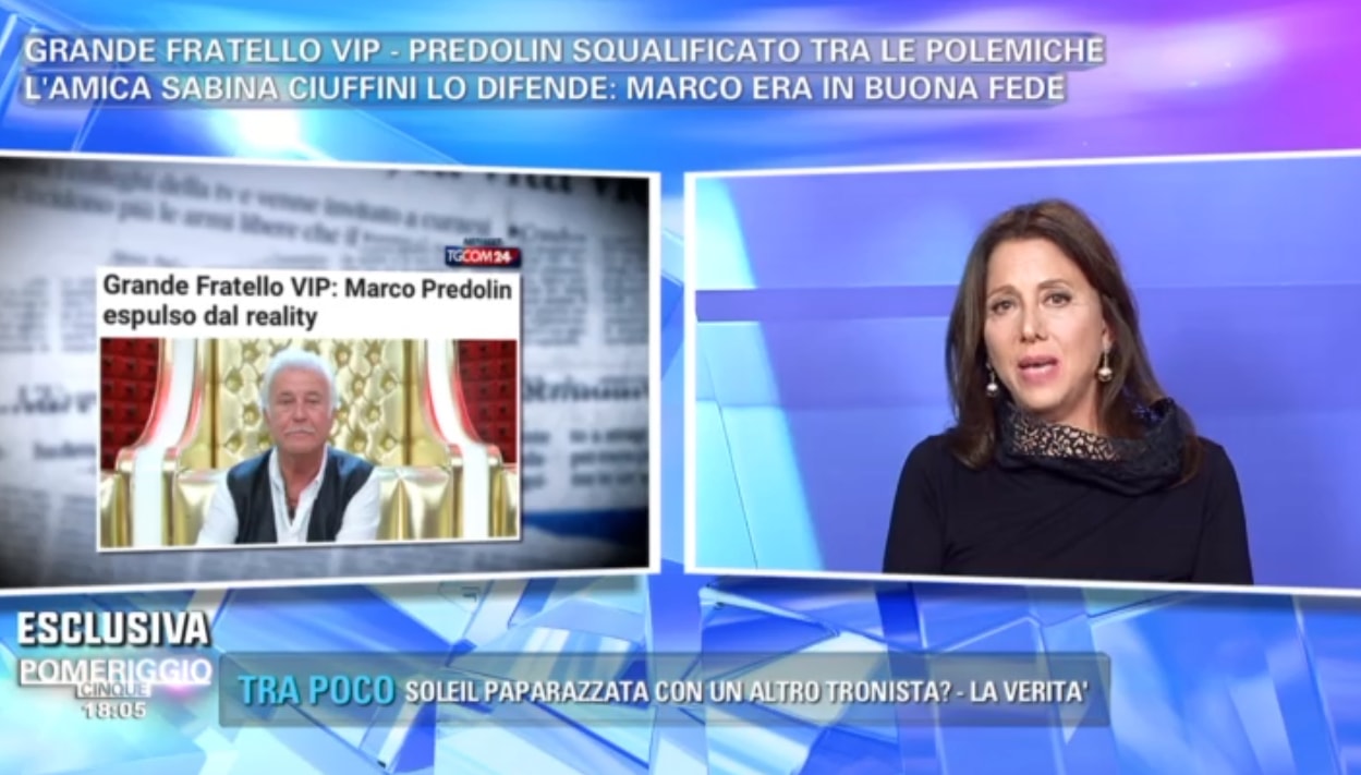 Pomeriggio 5, Sabina Ciuffini difende Predolin e critica il GF Vip: «Eliminazione decisa a tavolino»