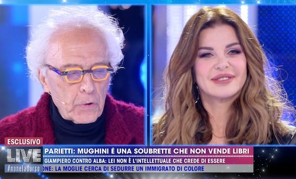 Live, Mughini contro Parietti: «Io non sono mai stato da un chirurgo del silicone». Lei sbotta:«Mi vergogno per te». Poi fanno pace