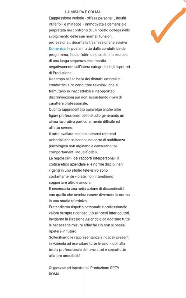 La lettera degli Organizzatori-Ispettori di Produzione CPTV Roma