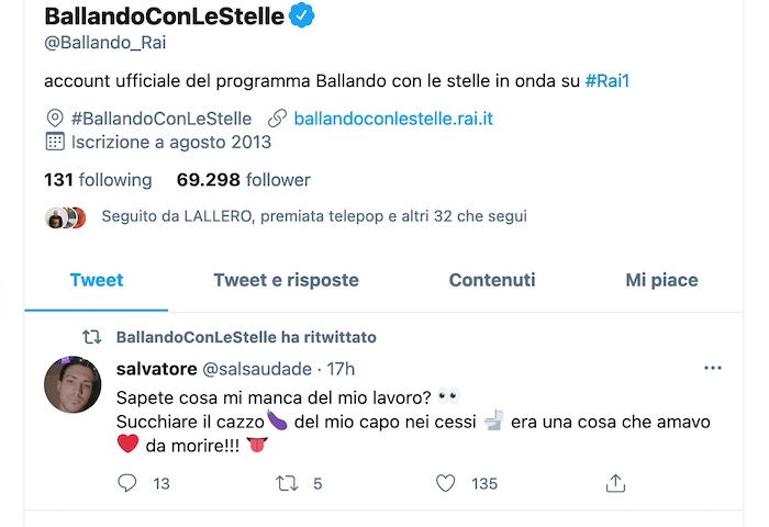 Ballando con le Stelle e lo strano retweet: «Sapete cosa mi manca del mio lavoro? Succhiare il ca**o»