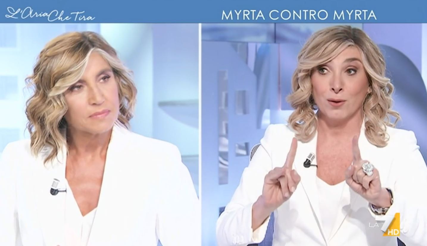 L’Aria Che Tira, Myrta Merlino chiude «col cuore». I saluti ‘ultra-pop’ e compiaciuti della conduttrice