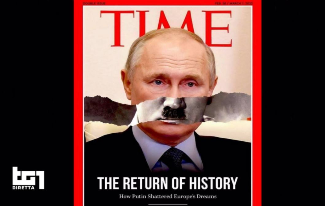 Figuraccia della Maggioni: al TG1 mostra la copertina fake con Putin come Hilter