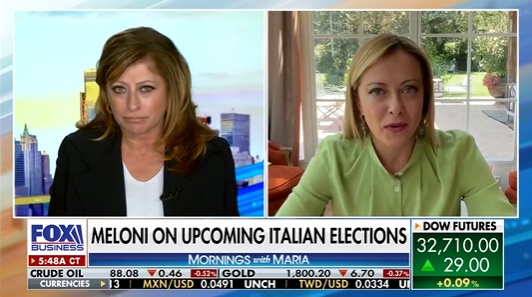 First reaction, shock! Giorgia Meloni a Fox Business: «…without a state which is too present… No, present nun se dice!» – Video