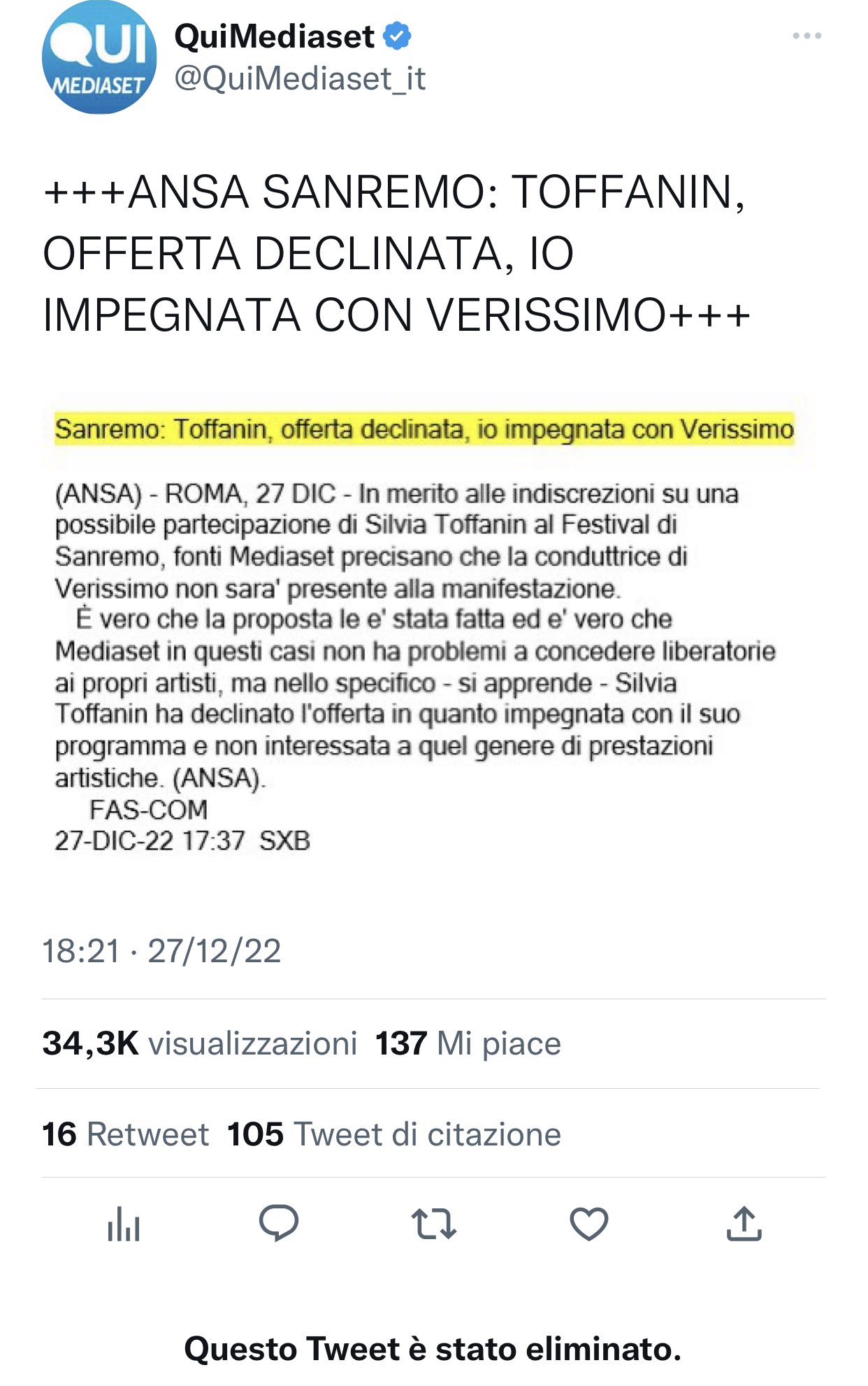 Il tweet cancellato di Qui Mediaset