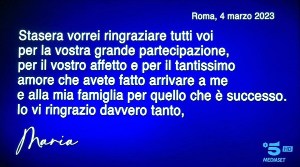 Maria De Filippi: «Vorrei ringraziare tutti per il vostro affetto e per il tantissimo amore che avete fatto arrivare a me e alla mia famiglia»