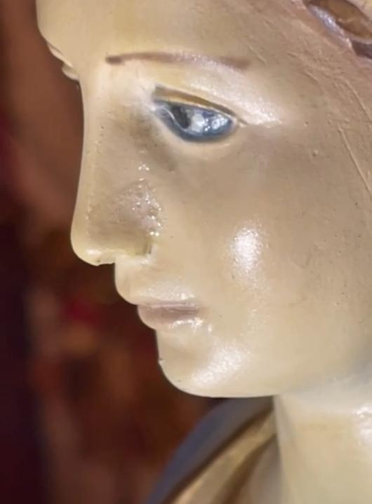 Lacrime sulla statua della Madonna (foto Pomeriggio Cinque)