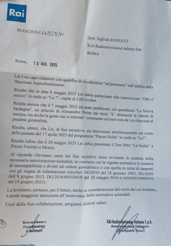 Provvedimento disciplinare rivolto a Sigfrido Ranucci