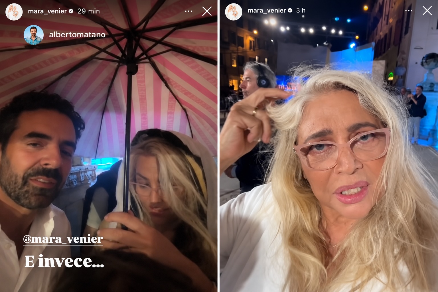 La pioggia interrompe il Premio Agnes. Mara Venier in accappatoio in Piazza di Spagna