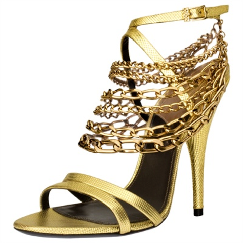 Sandalo in pelle dorata con cinturino alla caviglia e catene dorate. Roberto Cavalli